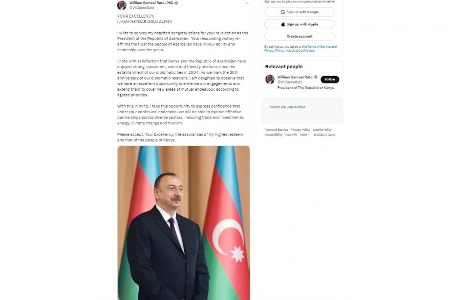 Keniya Prezidenti dövlətimizin başçısı İlham Əliyevi seçkilərdə qələbəsi münasibətilə təbrik edib