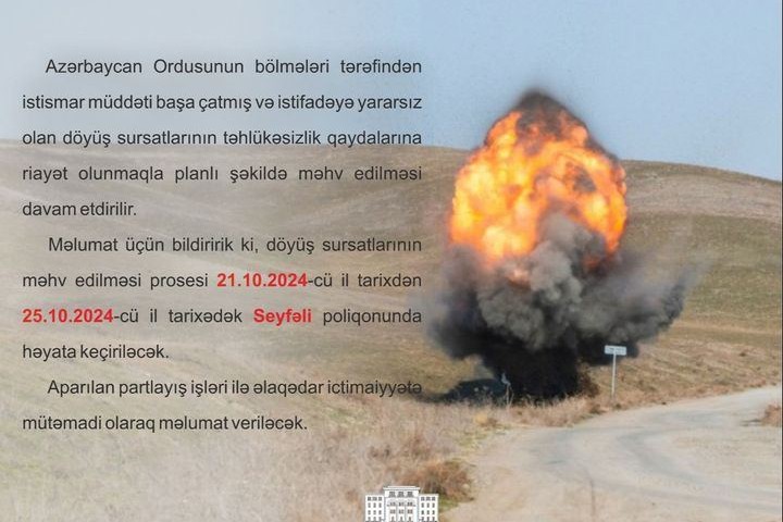 Sabah Seyfəli poliqonunda istifadəyə yararsız döyüș sursatları məhv ediləcək - MN