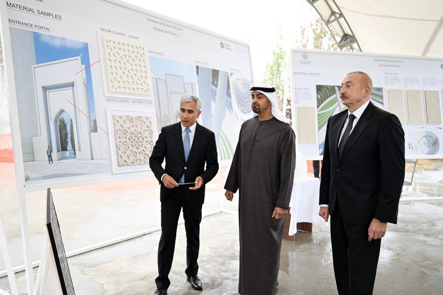 Prezident İlham Əliyev və Prezident Şeyx Məhəmməd bin Zayed Al Nəhyan Yeni Şuşa məscidində tikinti işlərinin gedişi ilə tanış olublar